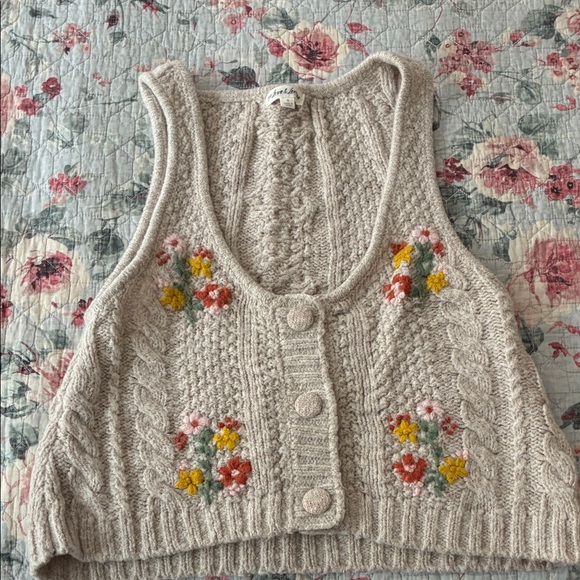For Love And Lemons Sweaters - For Love & Lemons Beige Cropped Knit Cardigan Vest with Floral Embroidery
